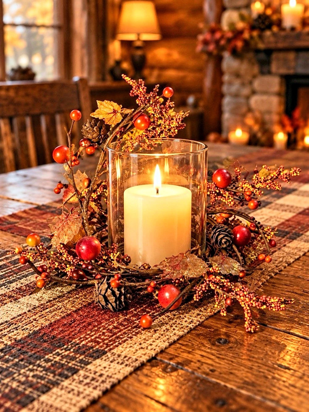 Plaid Holiday Candle Centerpiece in Brown & Red
